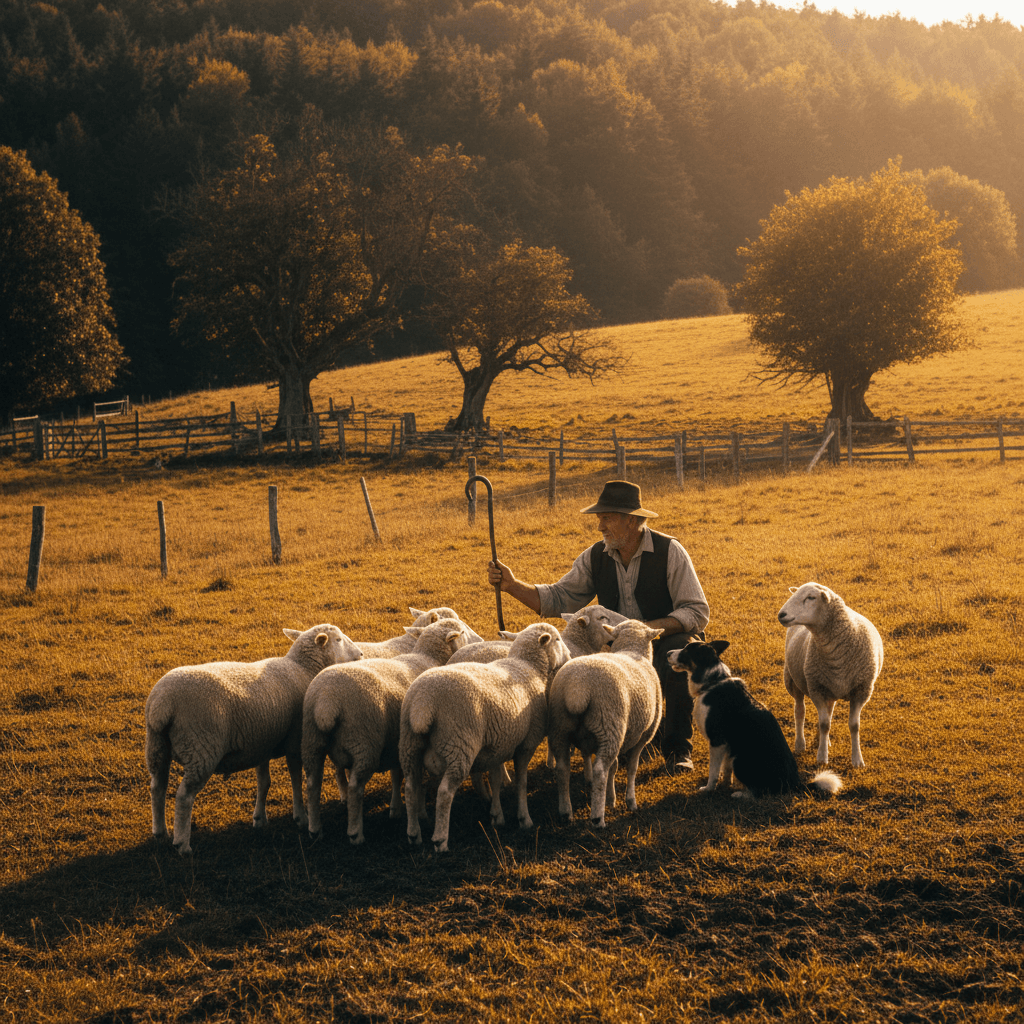 Experienced sheep handler managing flock in pastoral setting
