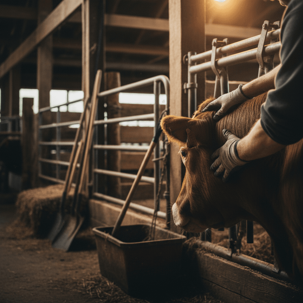 Professional livestock handler demonstrating animal care