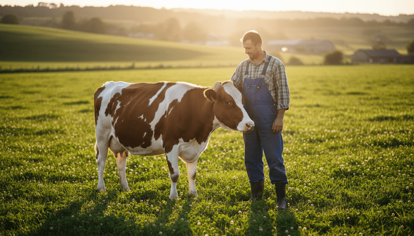 Farmer standing with dairy cow in Forest Grove pasture