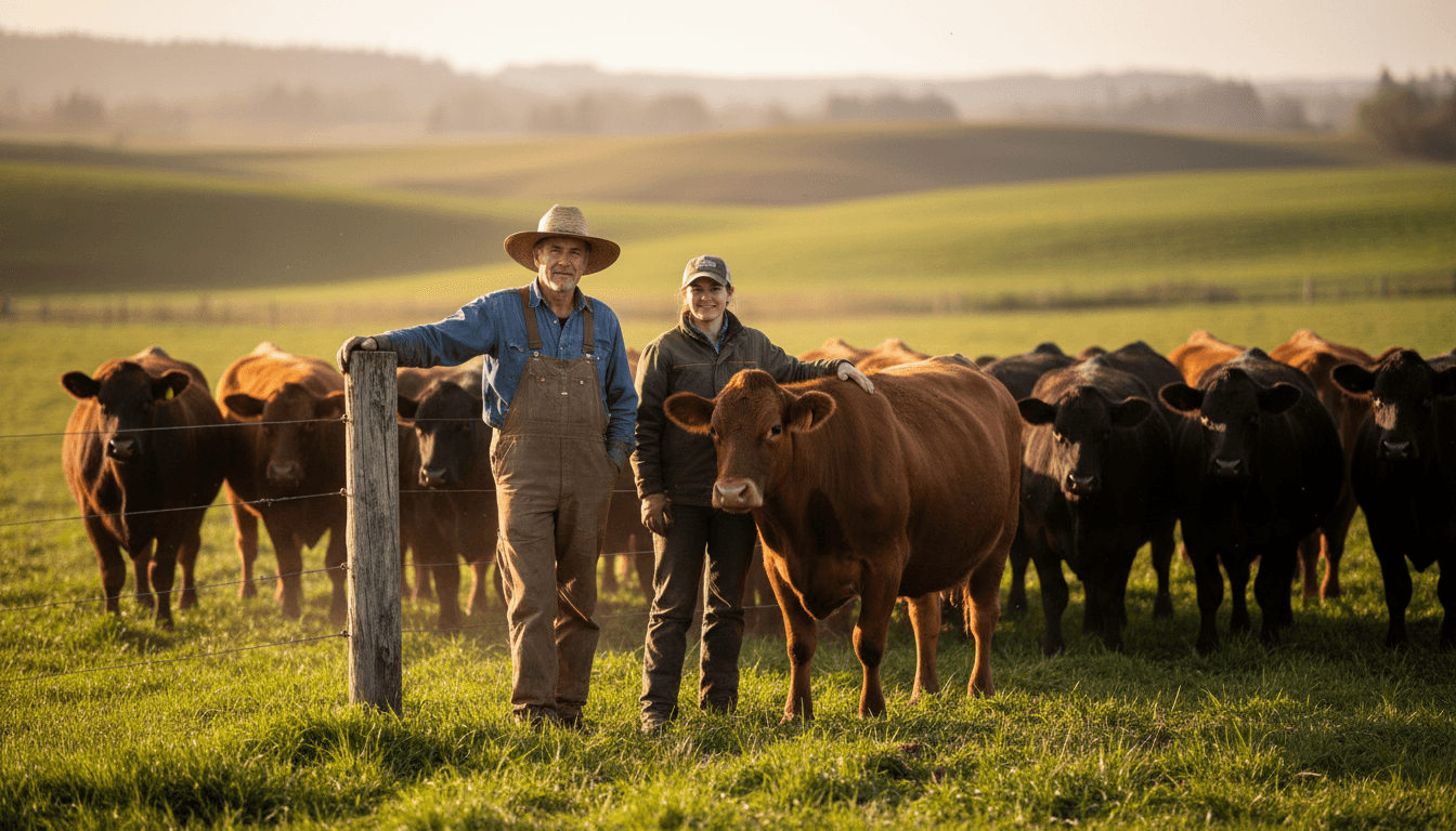 Livestock handler and farmer working with cattle in a Forest Grove pasture during golden hour